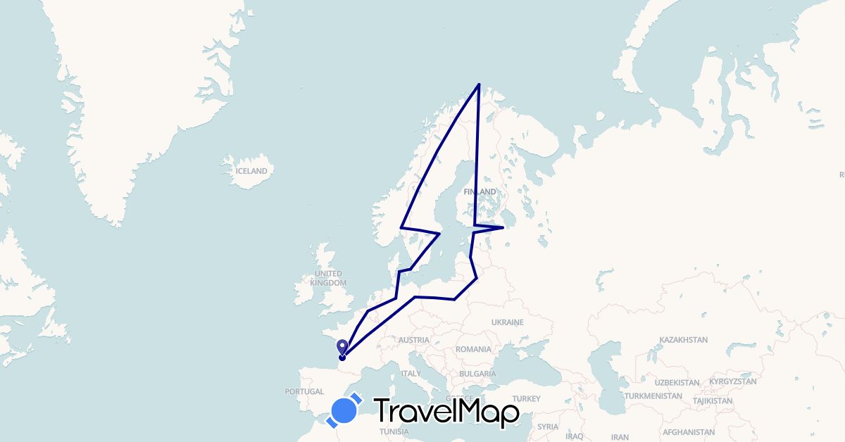 TravelMap itinerary: driving in Belgium, Germany, Denmark, Estonia, Finland, France, Lithuania, Latvia, Norway, Poland, Russia, Sweden (Europe)